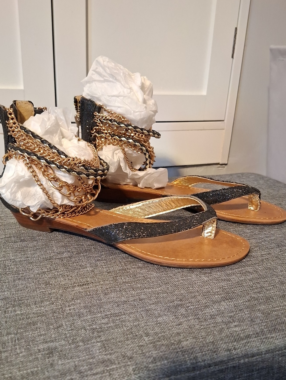 ZIGI SOHO Black and Gold Chain Wrap Women's Sandals